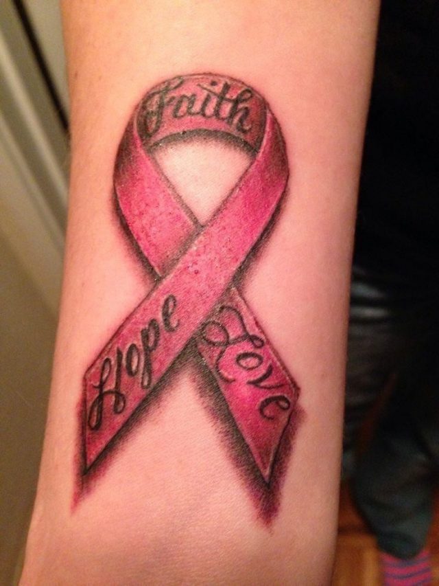 Pink Ink Cancer Ribbon With Words Tattoo Design For Half Sleeve