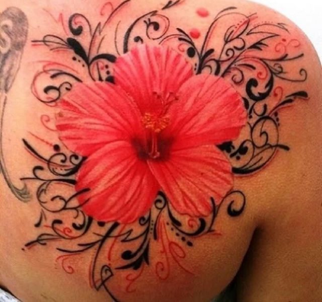 Pink Ink Hawaiian Flower Tattoo On Right Back Shoulder 1