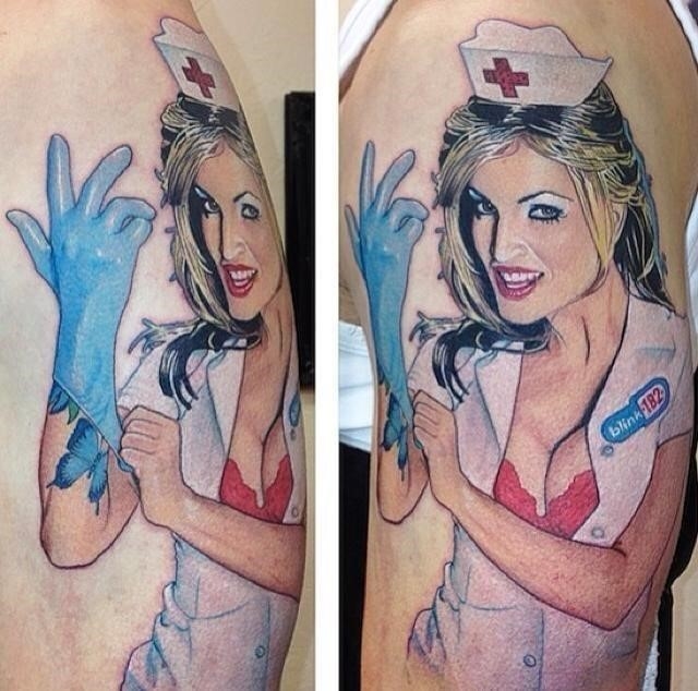 Realistic Nurse Tattoo On Left Half Sleeve