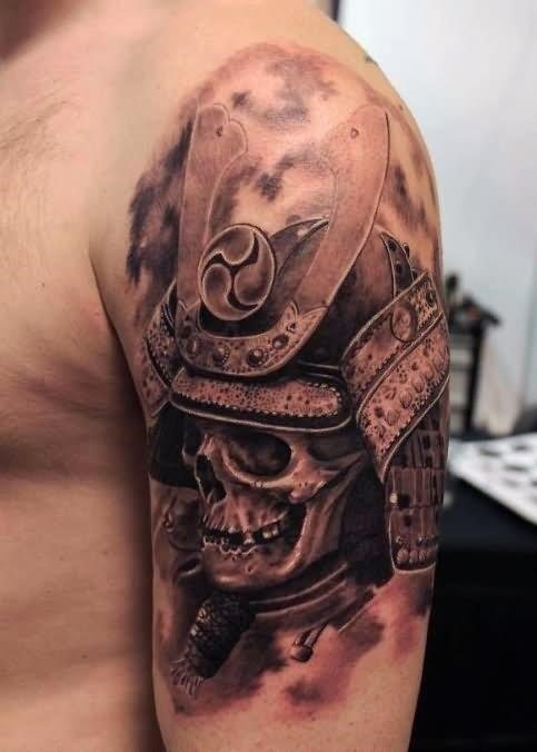Realistic Samurai Warrior Tattoo On Left Shoulder