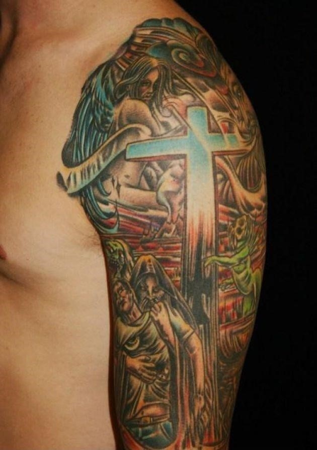 Religious Theme Christian Tattoo On Left Half Sleeve