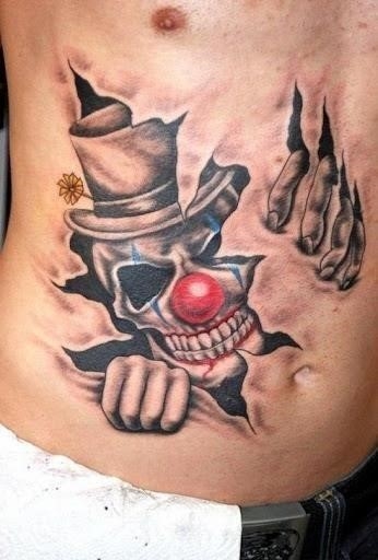 Ripped Skin Clown Tattoo Design For Men Stomach