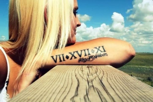 Roman Numeral Date With Letters Tattoo On Arm Sleeve For Girl