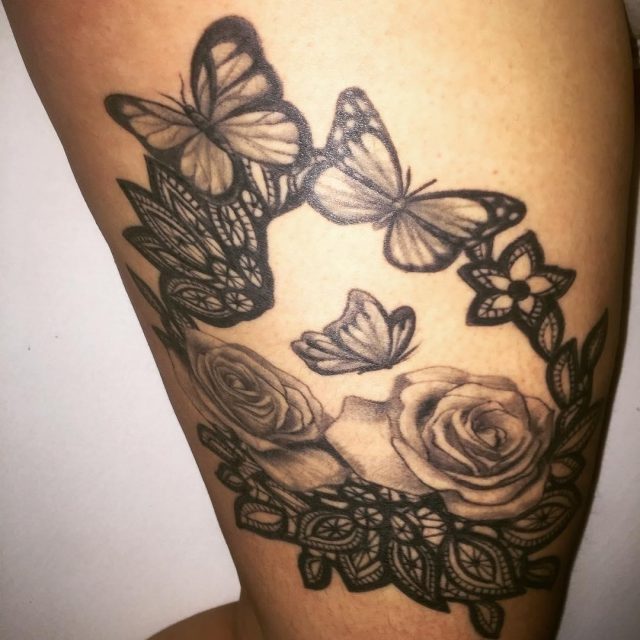 Rose Flower and Butterfly Tattoo on Thight
