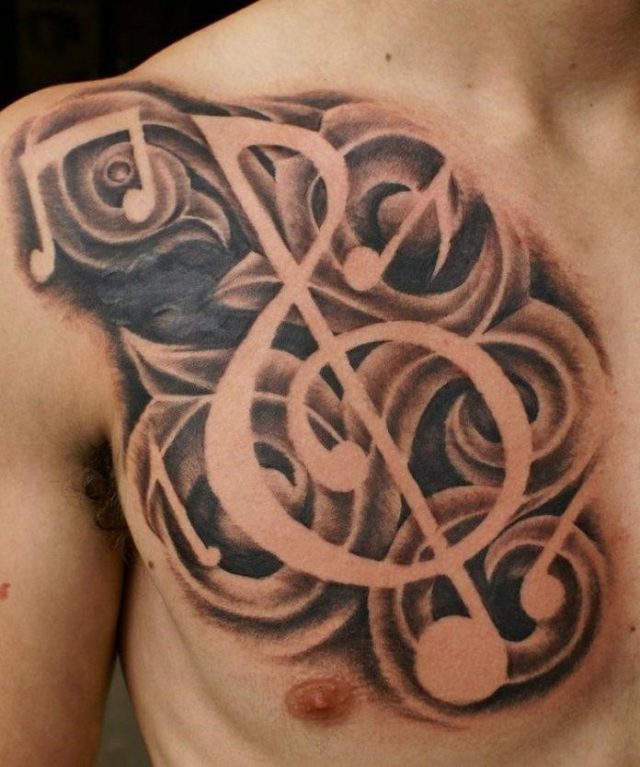 Shaded Musical Note Chest Tattoo 696×834