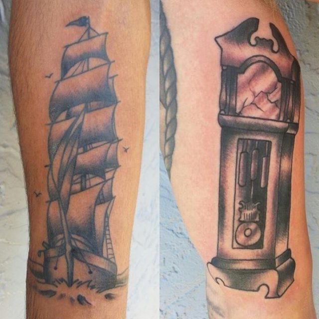 Ship tattoo and grandfather clock tattoo by Think Ink Tattoos