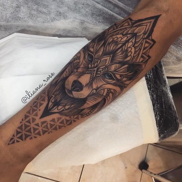 Side Leg Mandala Wolf Tattoos Idea