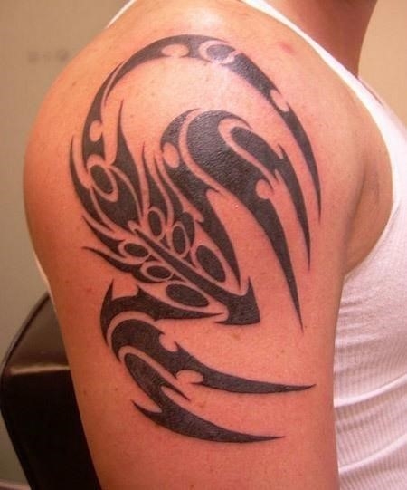 Simple Black Tribal Scorpion Tattoo On Right Shoulder