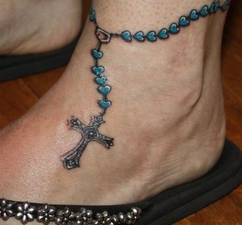 Simple Christian Rosary Cross Tattoo On Foot