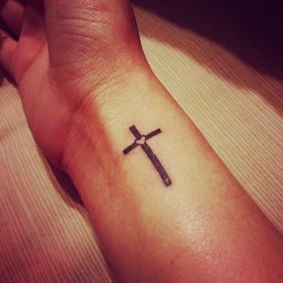 Simple Cross With Sweet Heart Tattoo