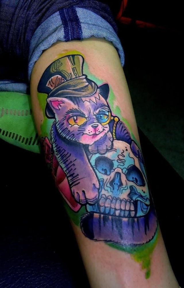 Skull And Cheshire Cat Tattoo On Leg