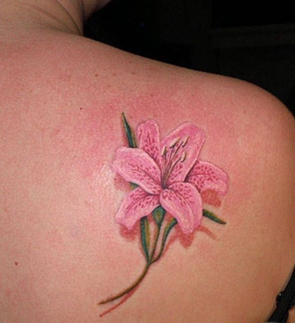 Small Lily Tattoo On Right Back Shoulder