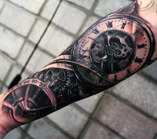 Superb Mechanical Pocket Watch Tattoo On Forearm