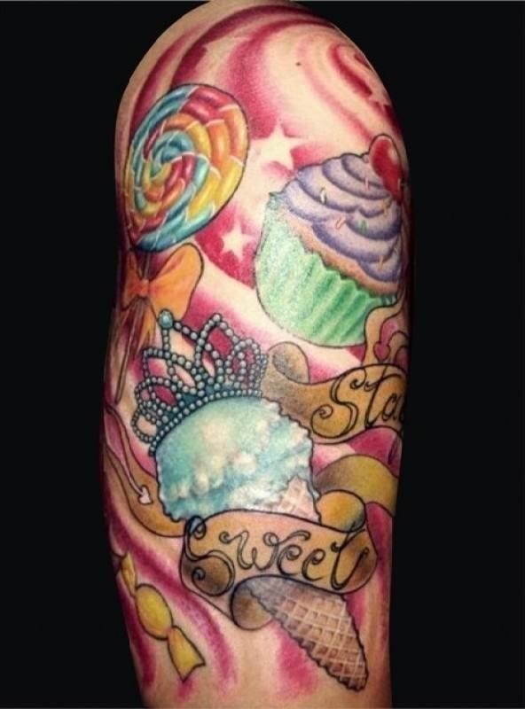 Sweet Ice Cream And Cupcake Tattoo On Half Sleeve