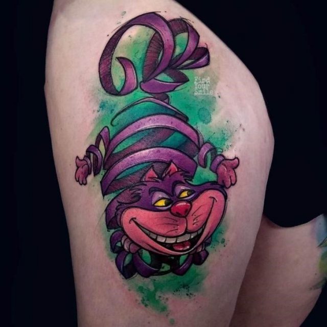 Thigh Tattoo Cheshire Cat by Russell Van Schaick 728×727