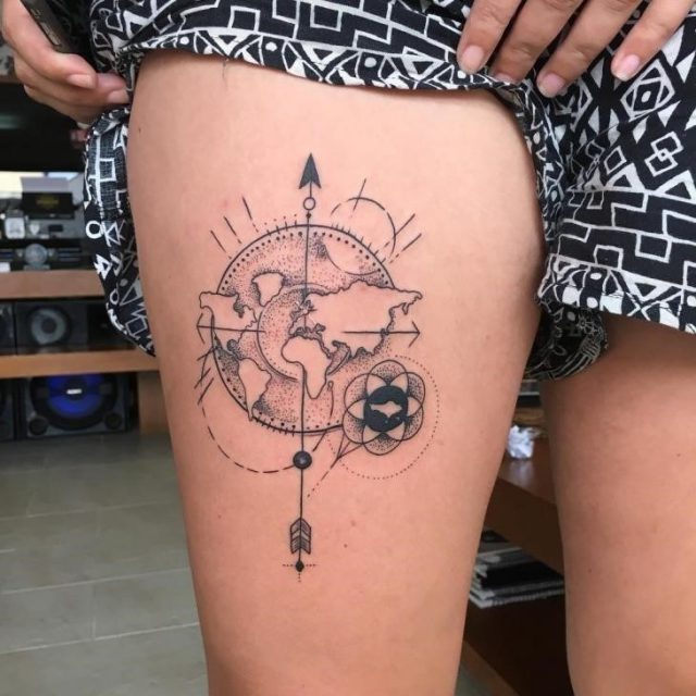 Thigh World Map Tattoo