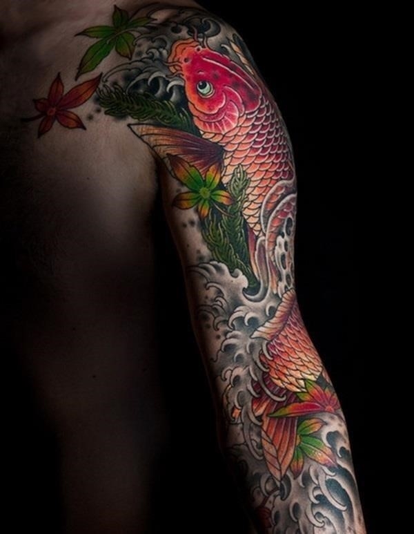 Traditional Asian Koi Fish Tattoo On Full Sleeve