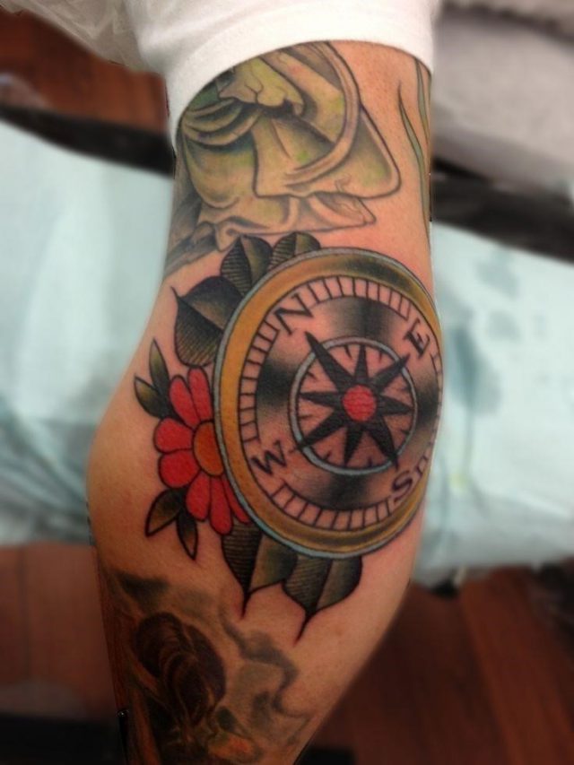 Traditional Compass Tattoo On Elbow