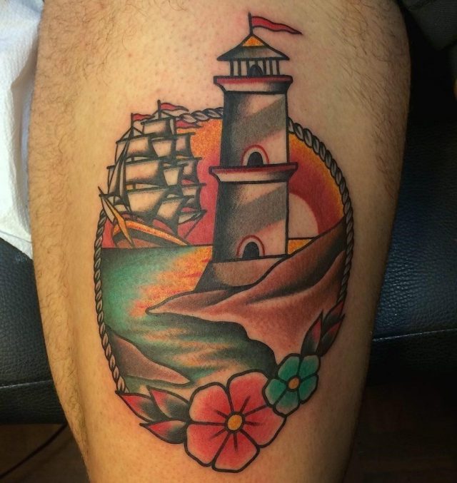 Traditional Ship And Lighthouse Tattoo by Fabio Onorini