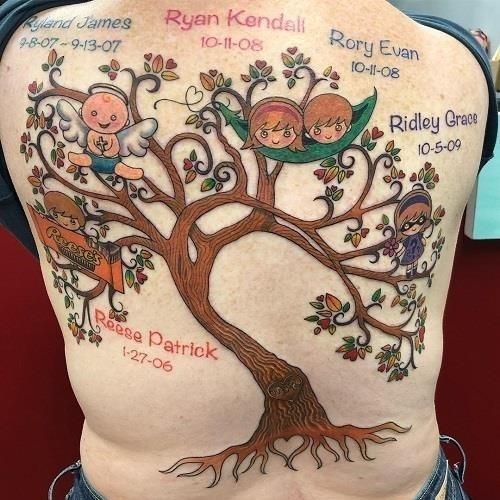 Tree with Family Names and Kids Portrait Back Tattoo for Father