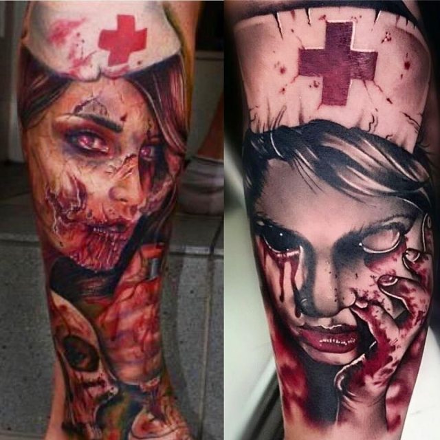 Ultimate zombie nurse tattoo design for leg