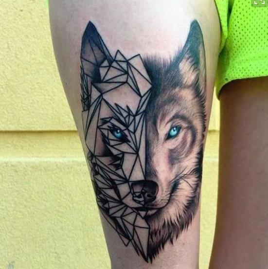 Unique Black Ink Wolf Animal Head Tattoo On Leg