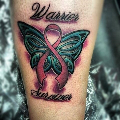 Warrior Survivor Cancer Ribbon With Butterfly Wings Tattoo Design