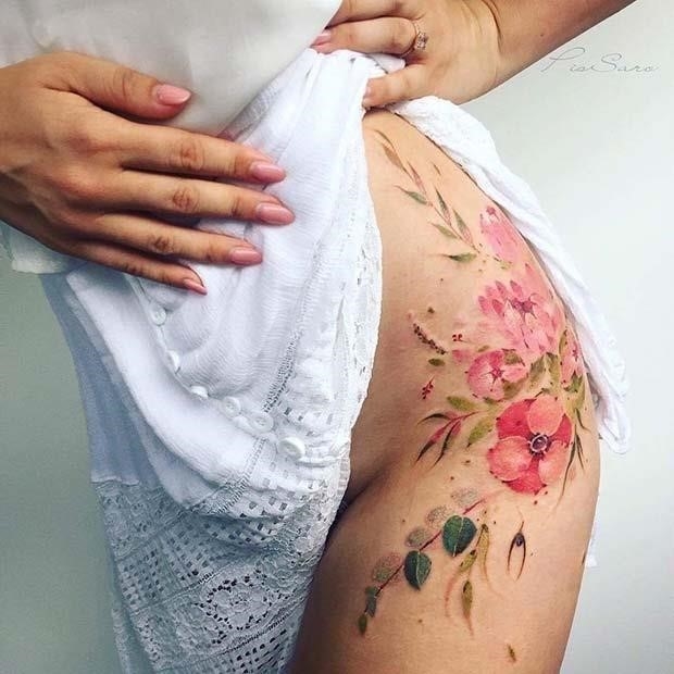 Watercolor Flower Hip Tattoo Idea
