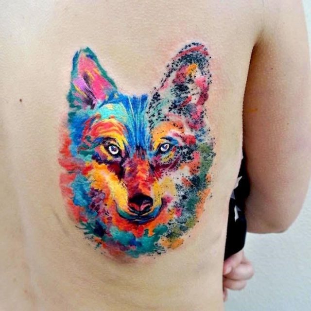 Watercolor Fox Back Tattoo