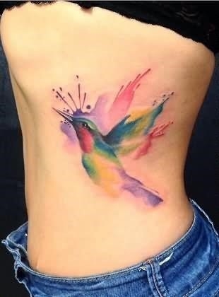 Watercolor Hummingbird Tattoo On Rib Cage