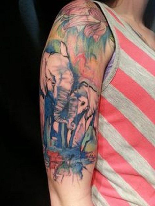 Watercolor Two Elephants Tattoo On Girl Right Half Sleeve1
