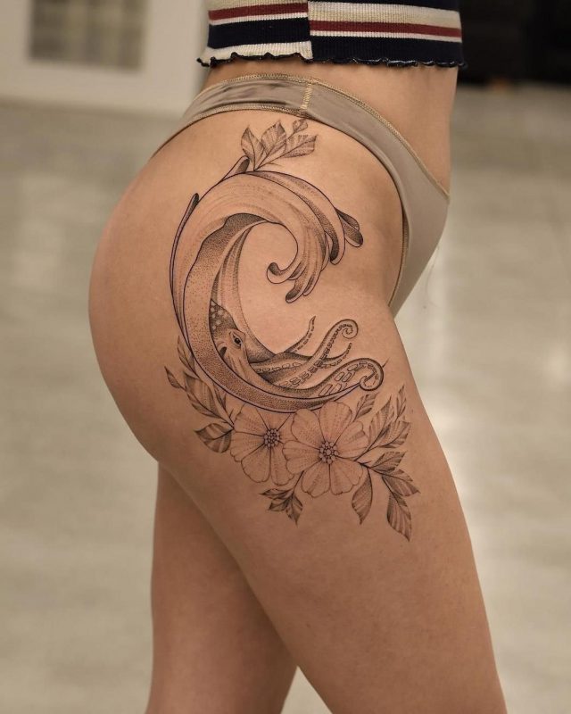 Wave Octopus flowers hip tattoo