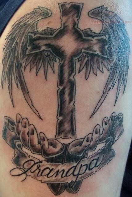 Winged Cross Remembrance Tattoo For Grandpa