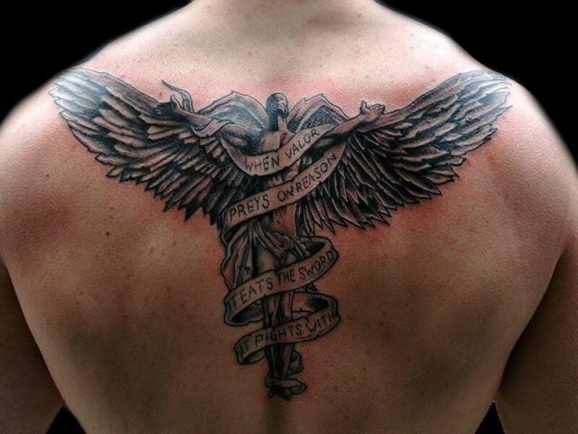 Wonderful Banner Angel Tattoo On Upper Back For Men q1