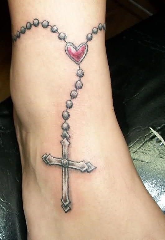 Wonderful Cross Heart Bracelet Tattoo On Ankle