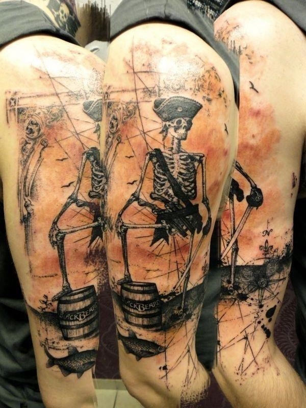 Wonderful Pirate Skeleton Tattoo On Man Right Half Sleeve