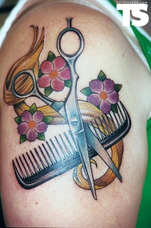 Yellow Hair With Comb And Scissor Flowers Tattoo On Half Sleeve