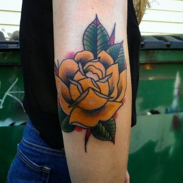 Yellow Rose Tattoo On Elbow