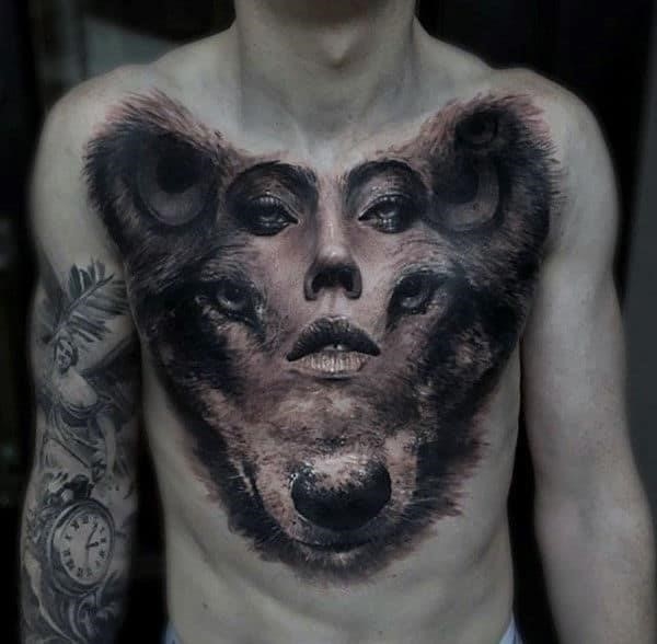 Abstract 3d wolf portrait animal chest tattoos for men
