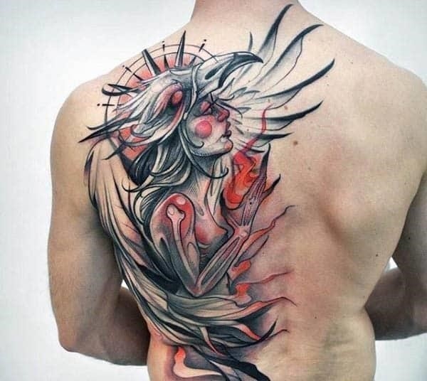 Abstract watercolor phoenix guys back tattoos