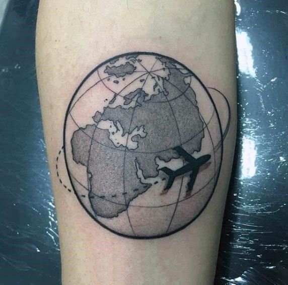 Airplane circling the world mens small inner forearm travel tattoos