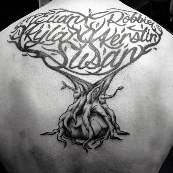Amazing lettering tree branch names male family tattoos
