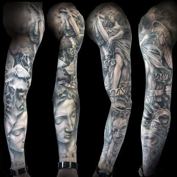 Amazing male full sleeves religious tattoo
