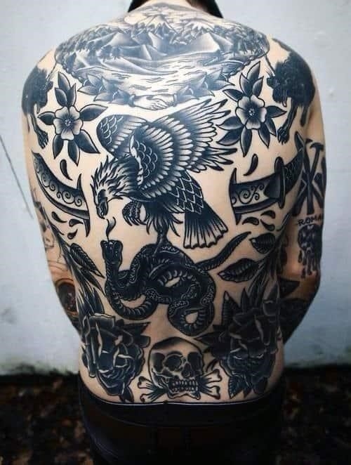 Amazing old school designs guys traditional black ink back tattoos