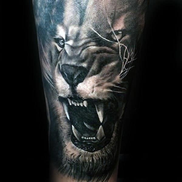 Amazing roaring realistic lion tattoo for gentlemen
