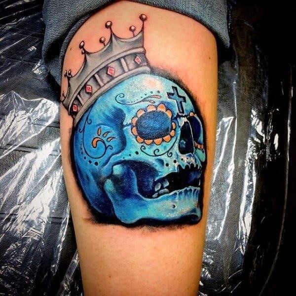 Amazing sugar skull tattoo for guys with blue ink 3d design ideas