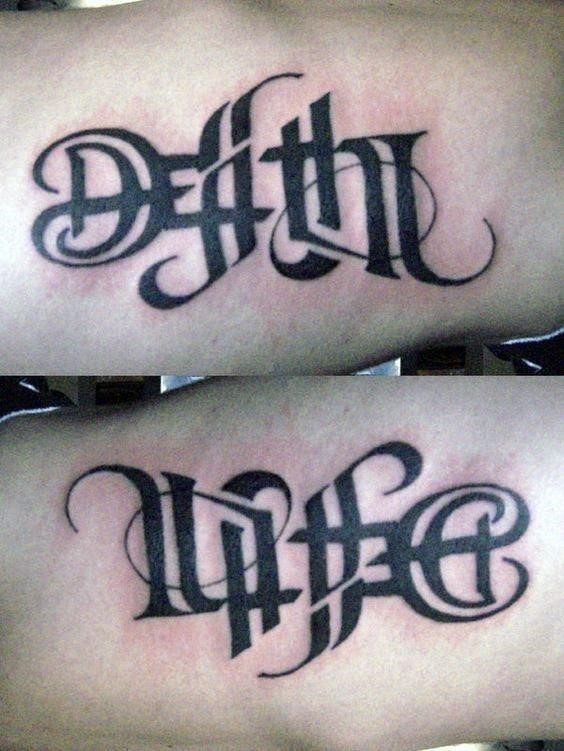 Ambigram mens rib cage side life death tattoo designs