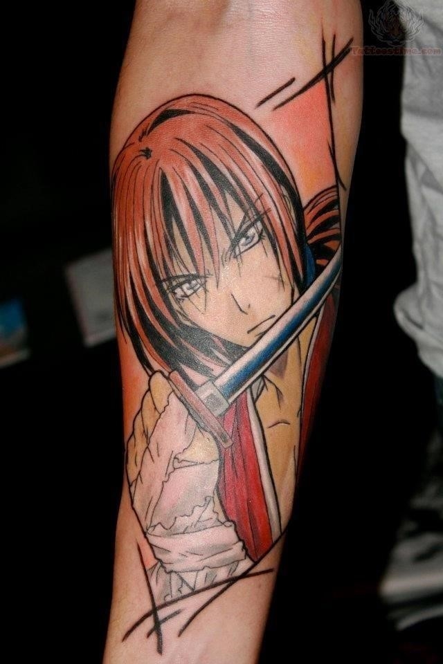 Anime with sword tattoo on arm