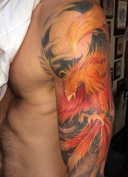 Arm flames phoenix bird tattoo for men
