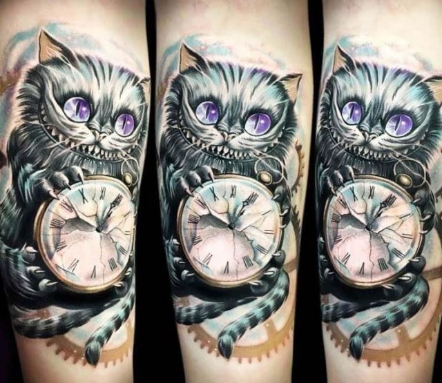 Artist  anjelika kartasheva  cheshire cat with clock tattoo 17169215756